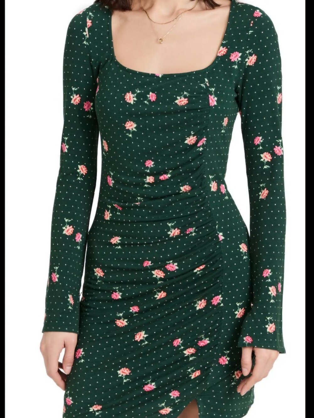 Free People Celia Emerald Green Floral Polka Dot Ruched Long Sleeve Mini Dress S